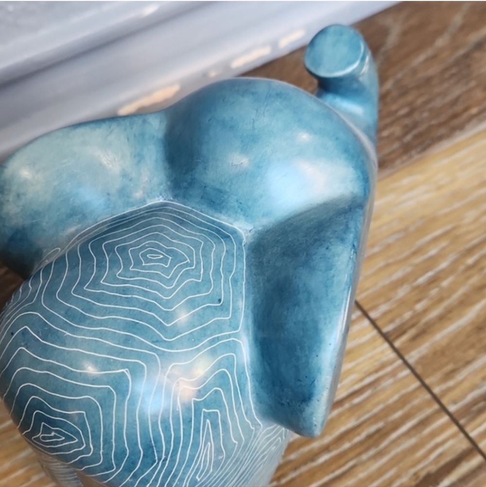 Afrikiko Soapstone Elephant Teal Blue Green White Abstract Circles - Picture 6 of 15
